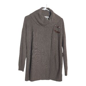 Ellen Tracy Med Merino Wool Taupe Cowl Neck Sweater with Buckle Details Tunic